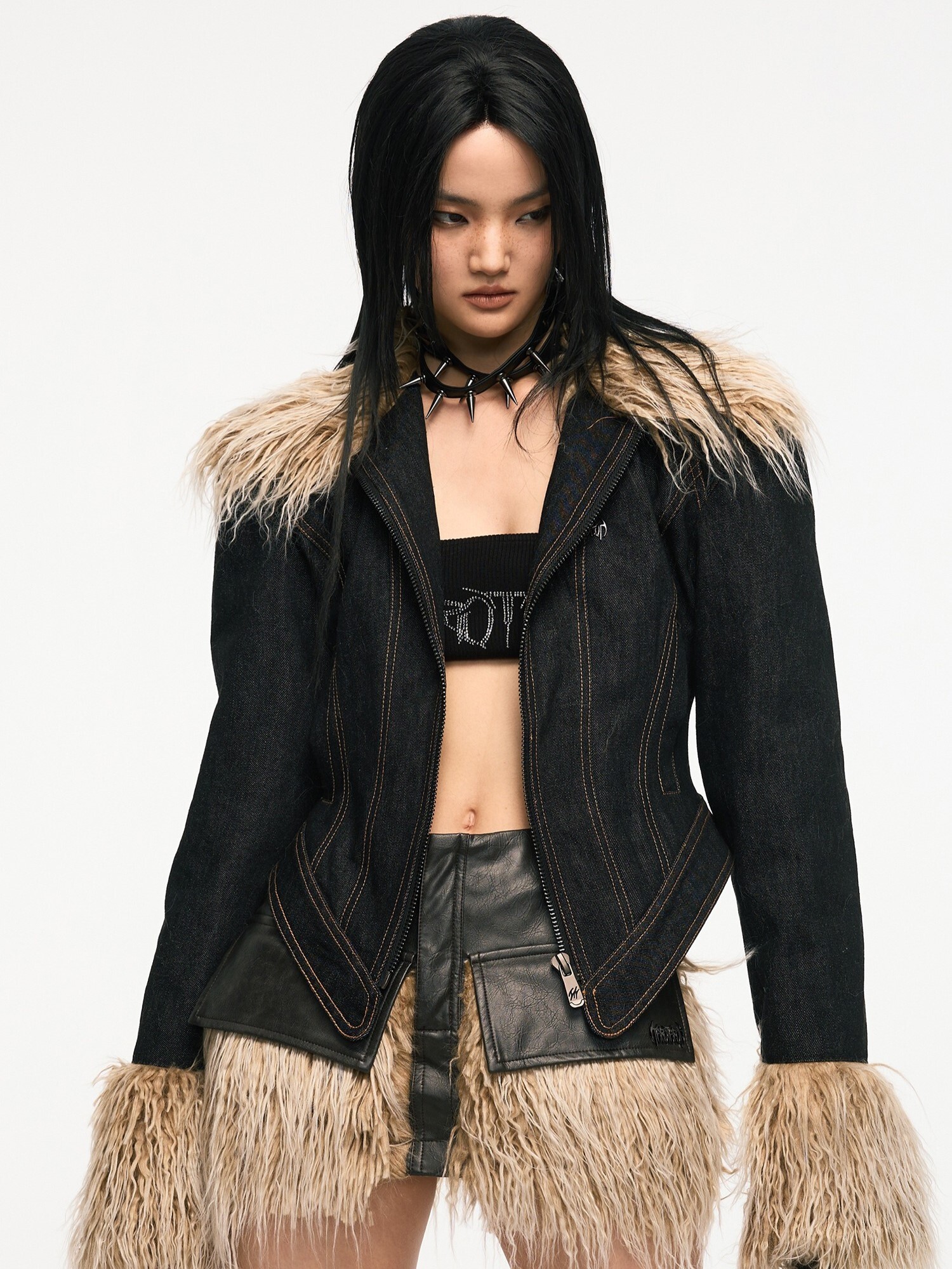 TAROTAROT Vice City 明線設計 牛仔拼毛 加厚收腰 衍棉牛仔外套