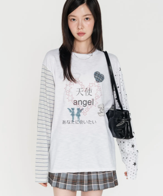 【代購】HIGH SCHOOL DISCO 天使不對稱長袖 愛心 星星 條紋 薄長袖 小眾 日系