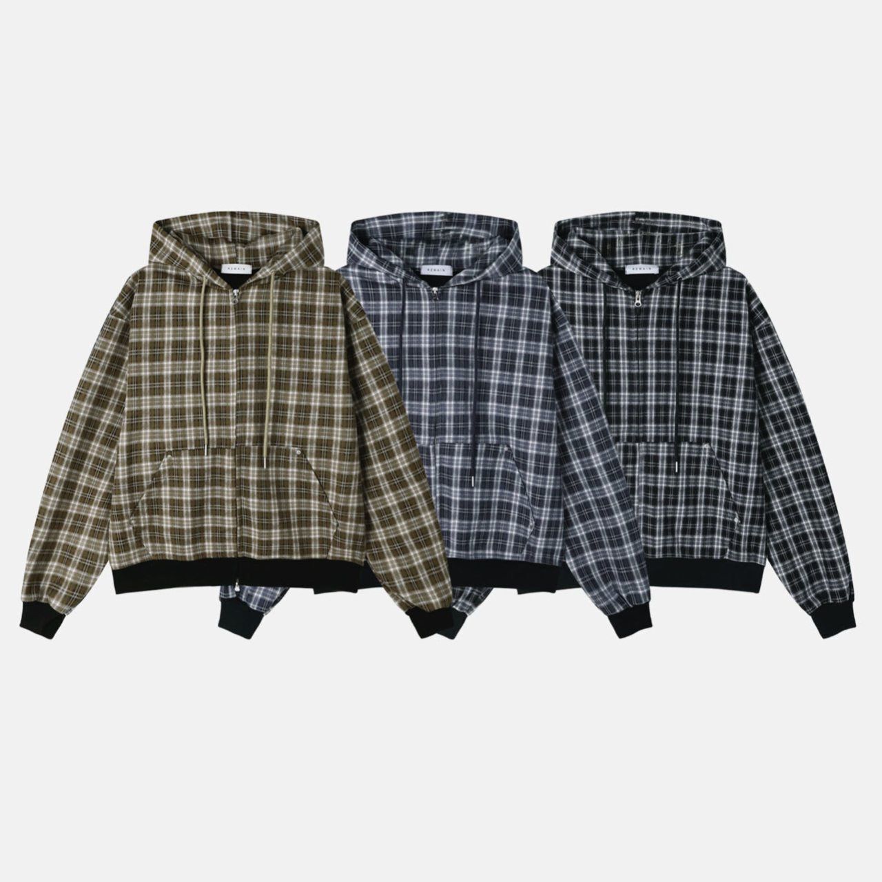 格仔連帽拉鍊長袖恤衫 REMAIN-029JK