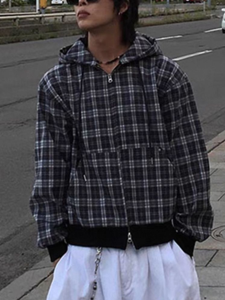 格仔連帽拉鍊長袖恤衫 REMAIN-029JK