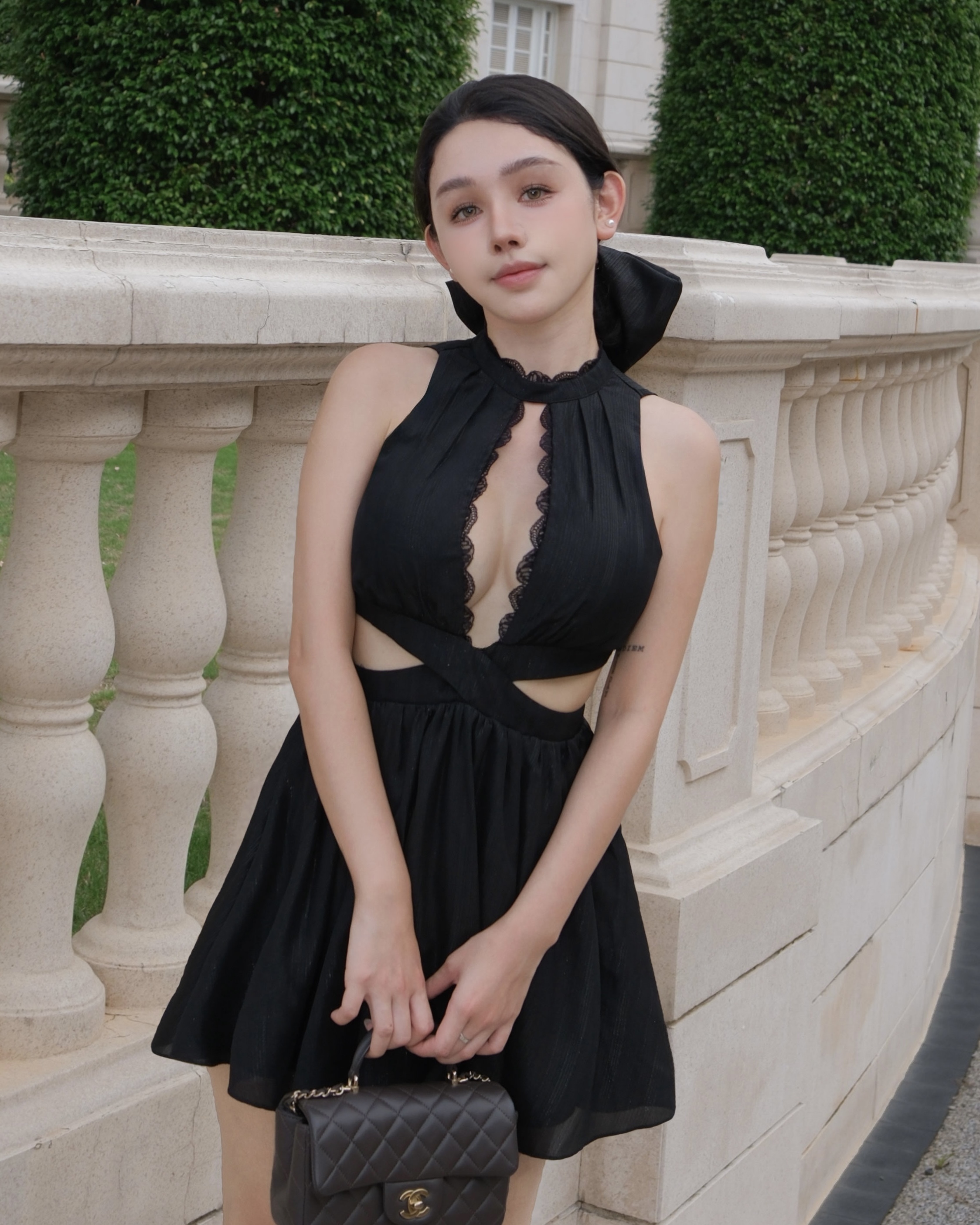 訂製-性感削肩蕾絲挖胸傘洋