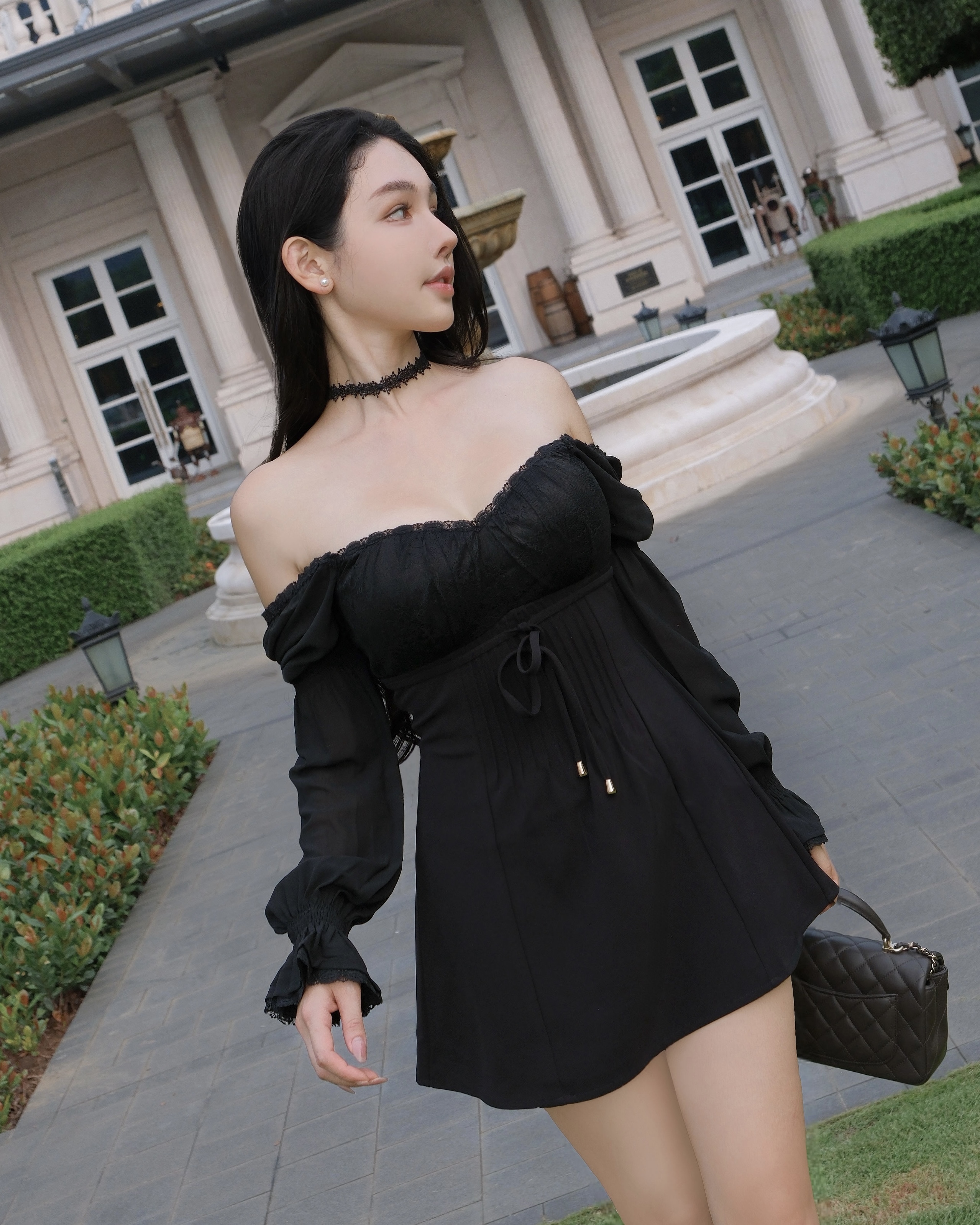 訂製-古典小香風蕾絲收腰傘洋