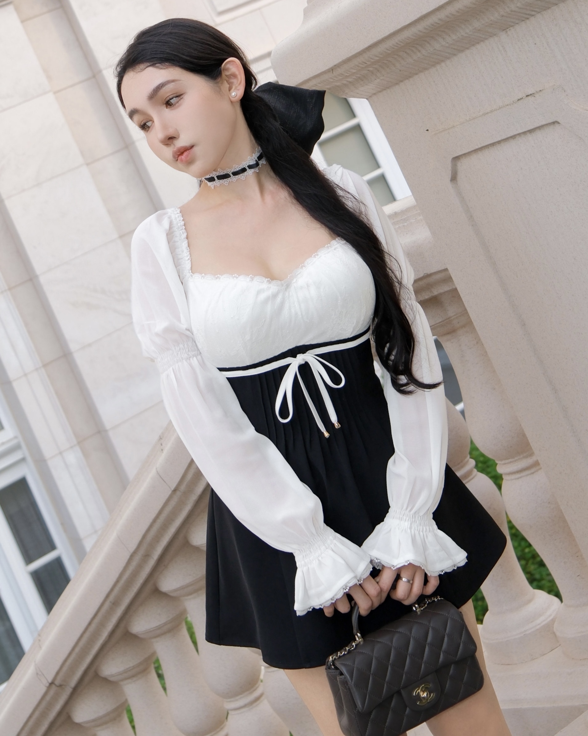 訂製-古典小香風蕾絲收腰傘洋