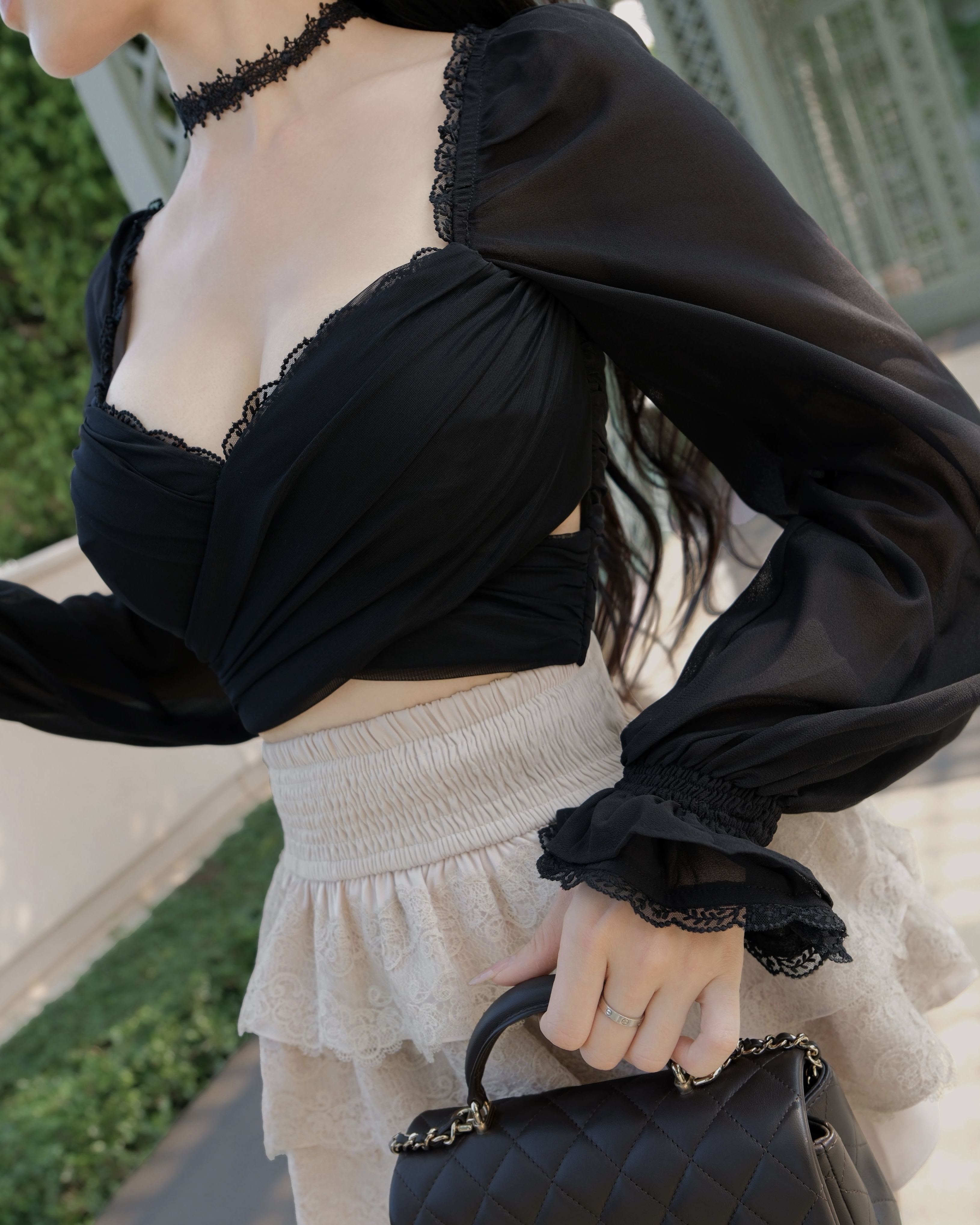 訂製-浪漫蕾絲交叉雪紡長袖上衣