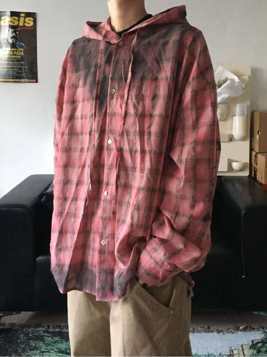 仿污格仔連帽長袖恤衫 S2447