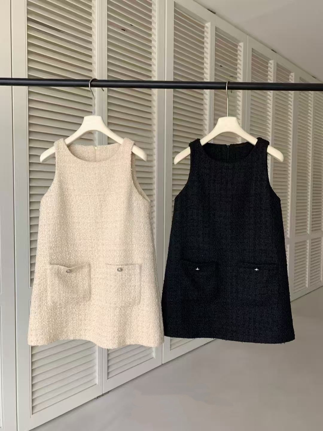 （現貨）#Y129 小香風口袋洋裝(黑/杏)