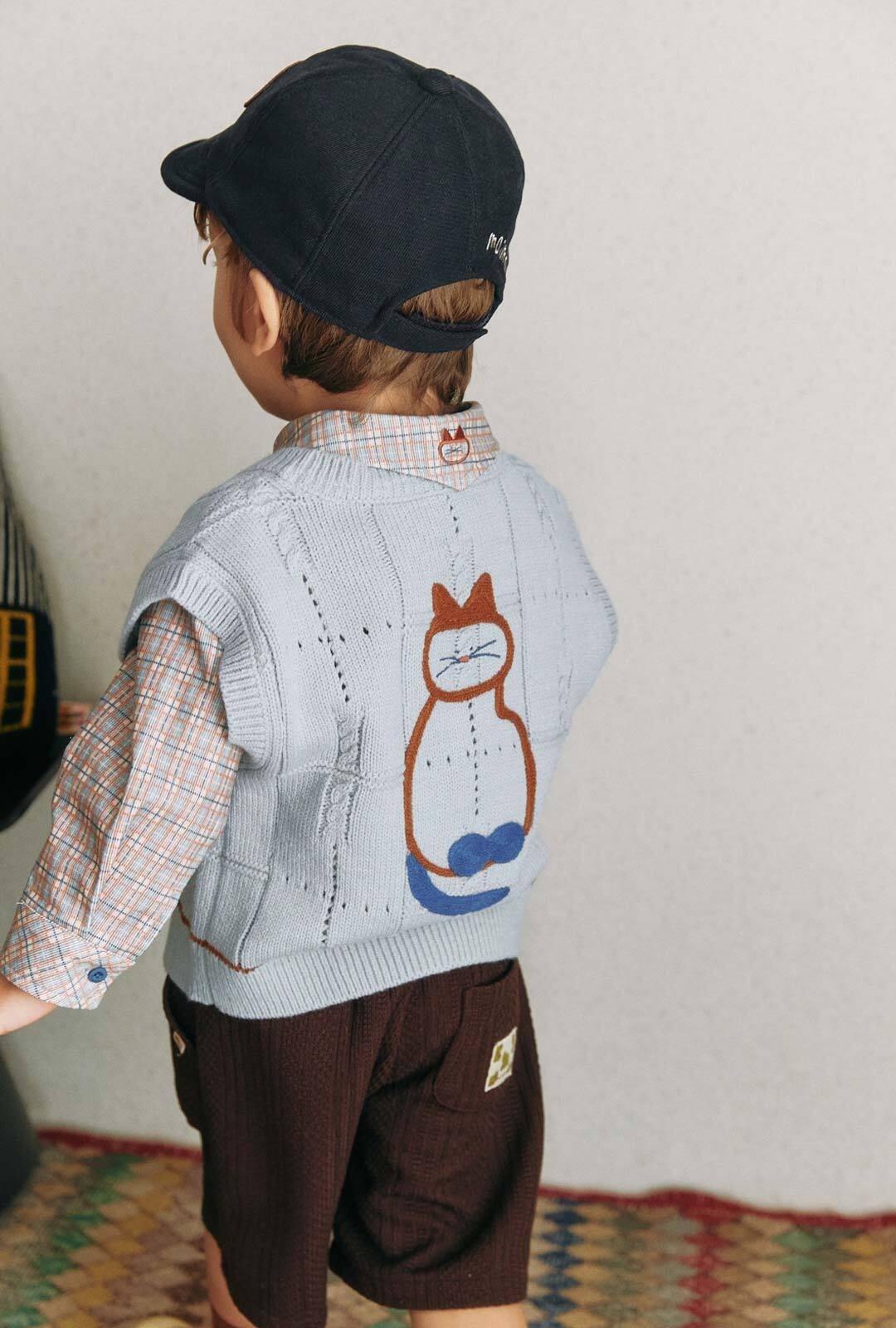 Moimoln☘︎25冬 慵懶貓咪針織軟軟背心｜藍色