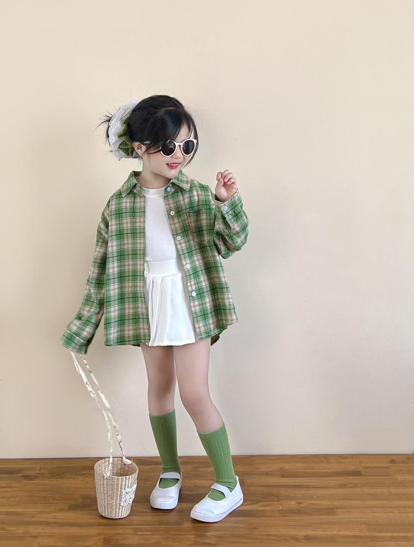 清新綠格子磨毛襯衫/白色百褶裙套裝