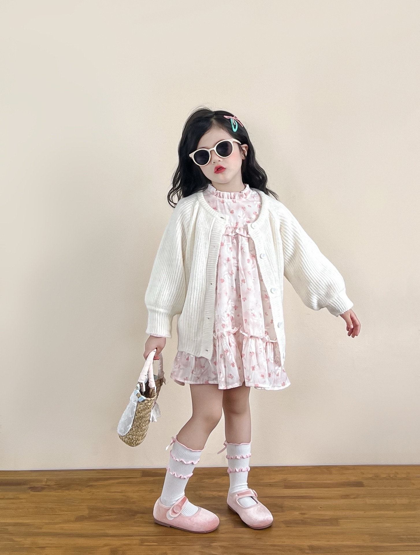 甜甜立領碎花洋裝/白色海馬毛外套