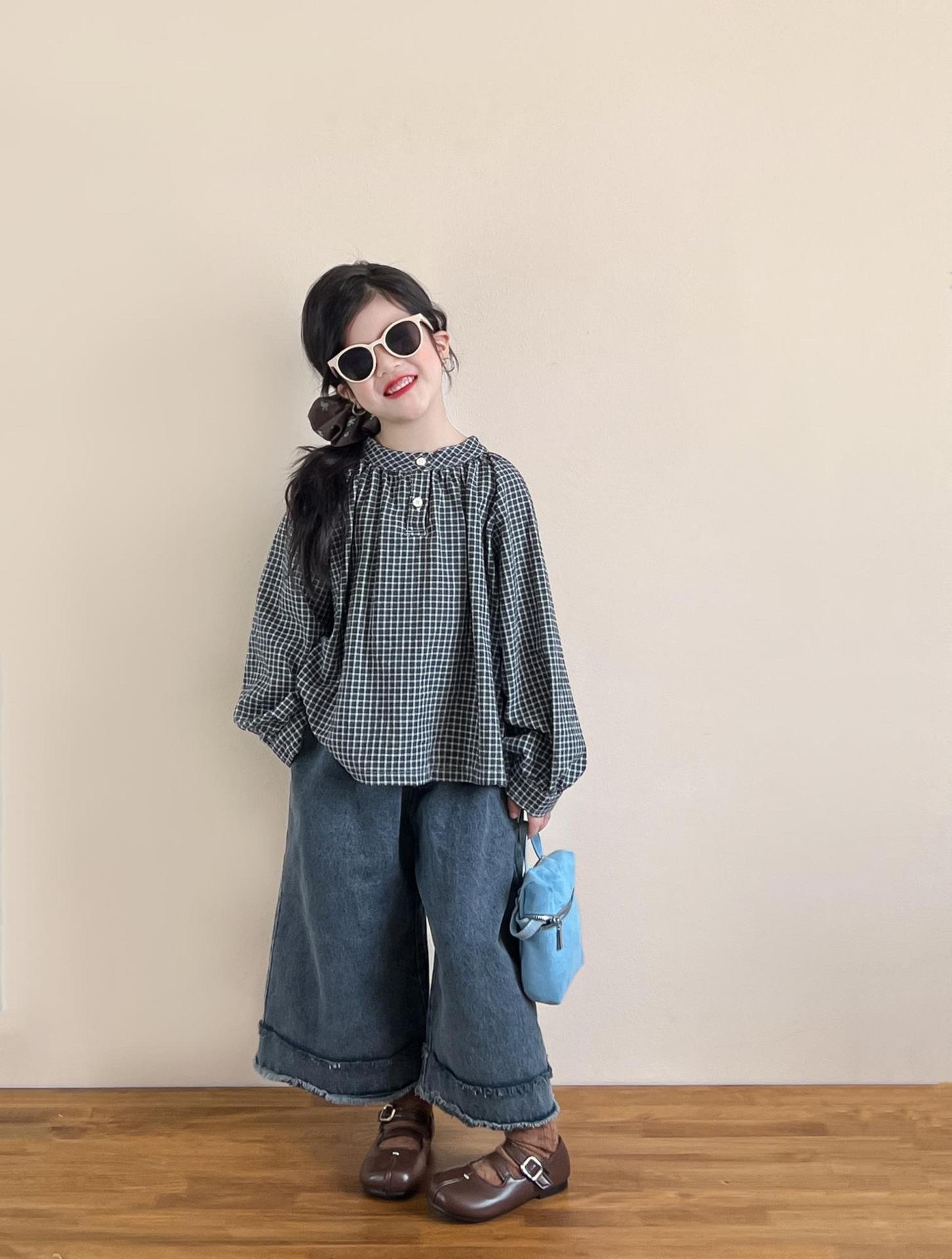 文藝黑白格燈籠袖上衣/雙毛邊牛仔寬褲