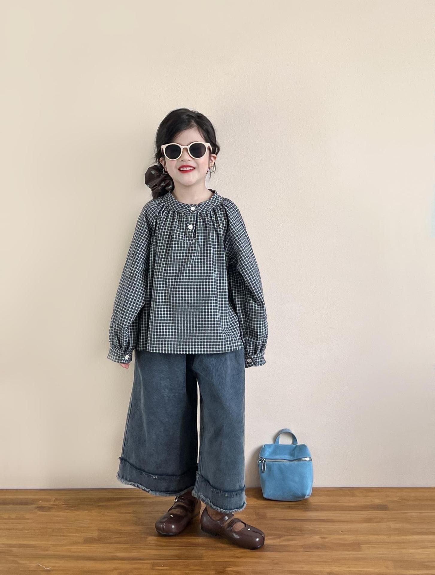 文藝黑白格燈籠袖上衣/雙毛邊牛仔寬褲