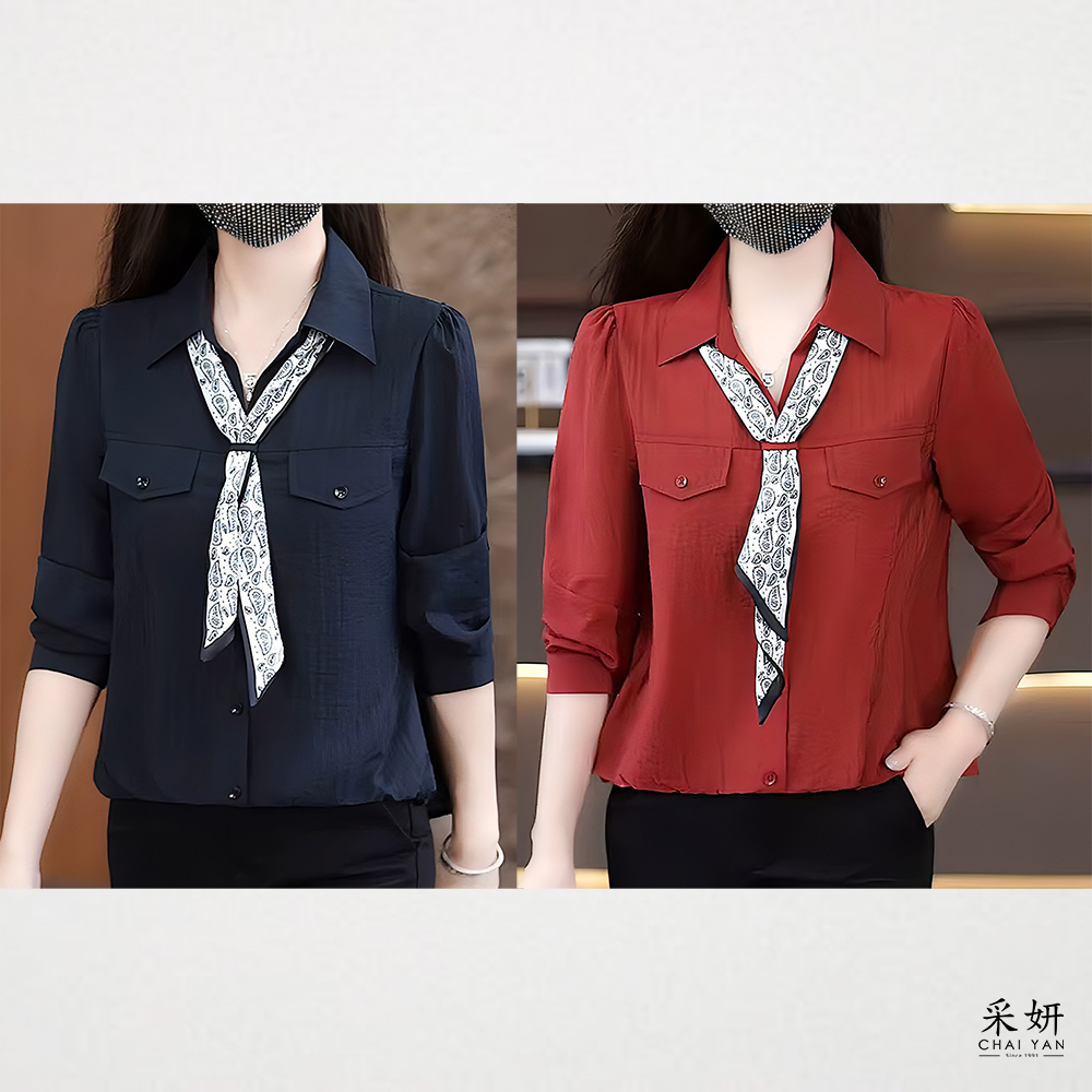 植物領巾亮絲翻V領長袖上衣