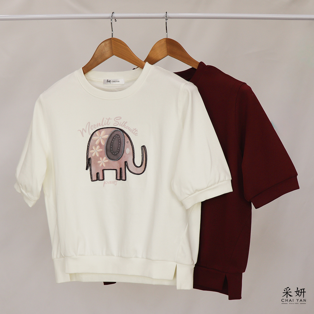 大象字母印花刺繡圓領半袖上衣