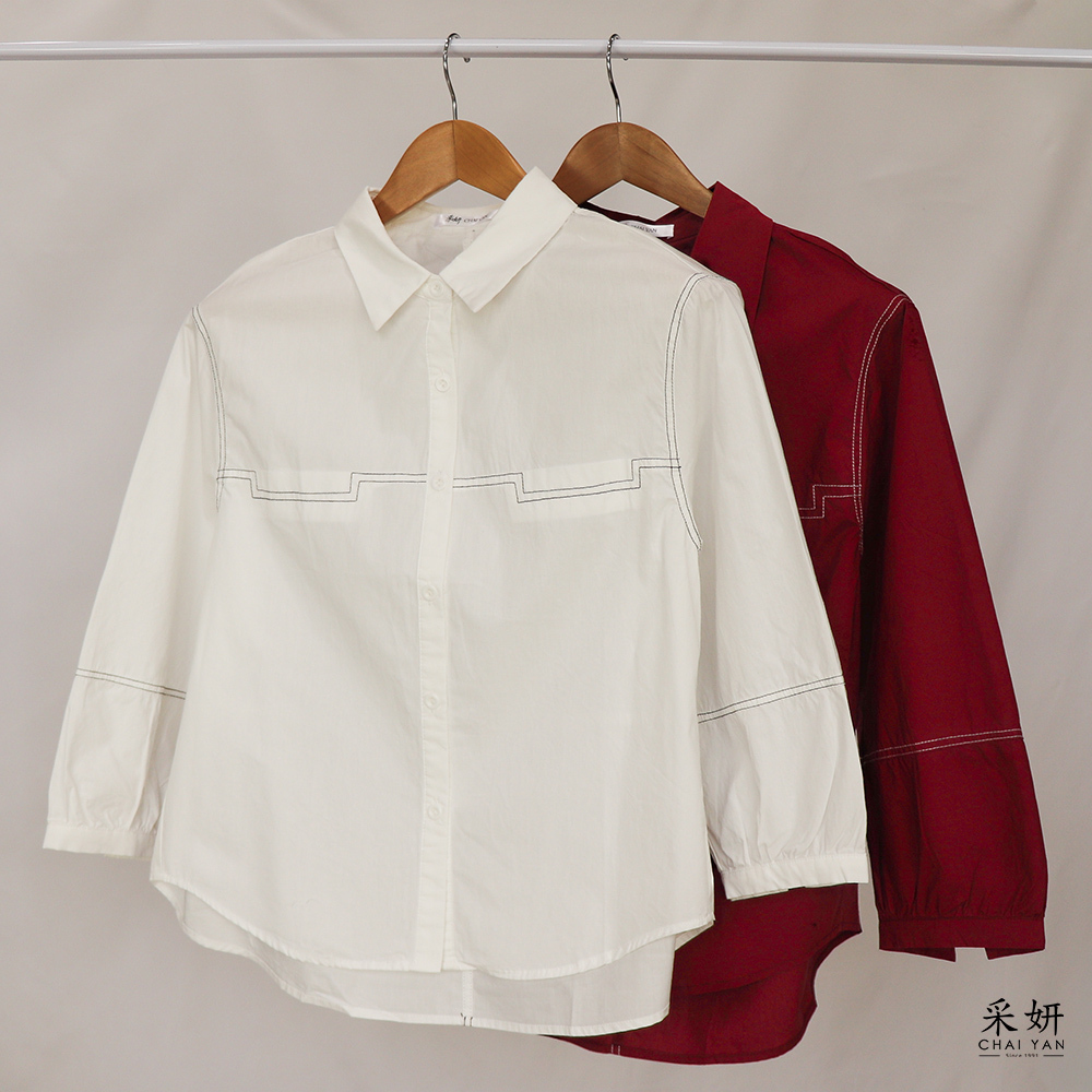 跳色縫線寬鬆襯衫長袖上衣