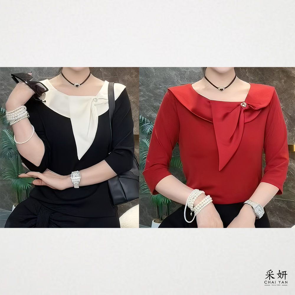 絲綢緞感蝴蝶結翻斜領半袖上衣