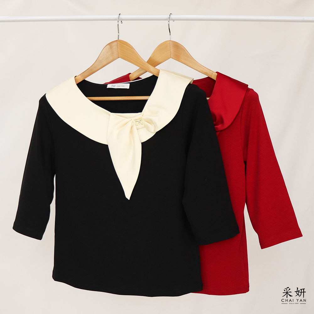 絲綢緞感蝴蝶結翻斜領半袖上衣