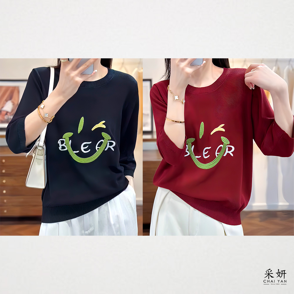 笑臉字母刺繡針織圓領半袖上衣