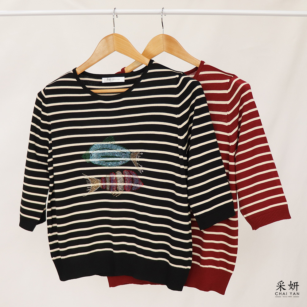 條紋熱帶魚彩色燙鑽針織圓領半袖上衣