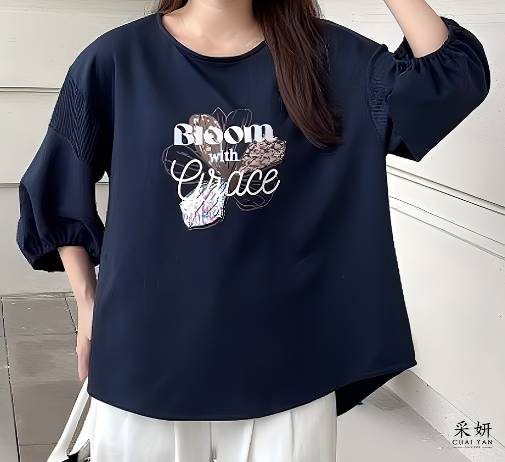 落肩花朵印花寬鬆滑棉圓領半袖上衣