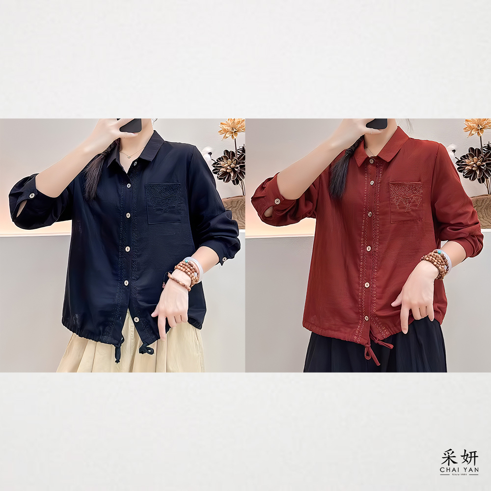 同色幾何亮絲刺繡襯衫長袖上衣