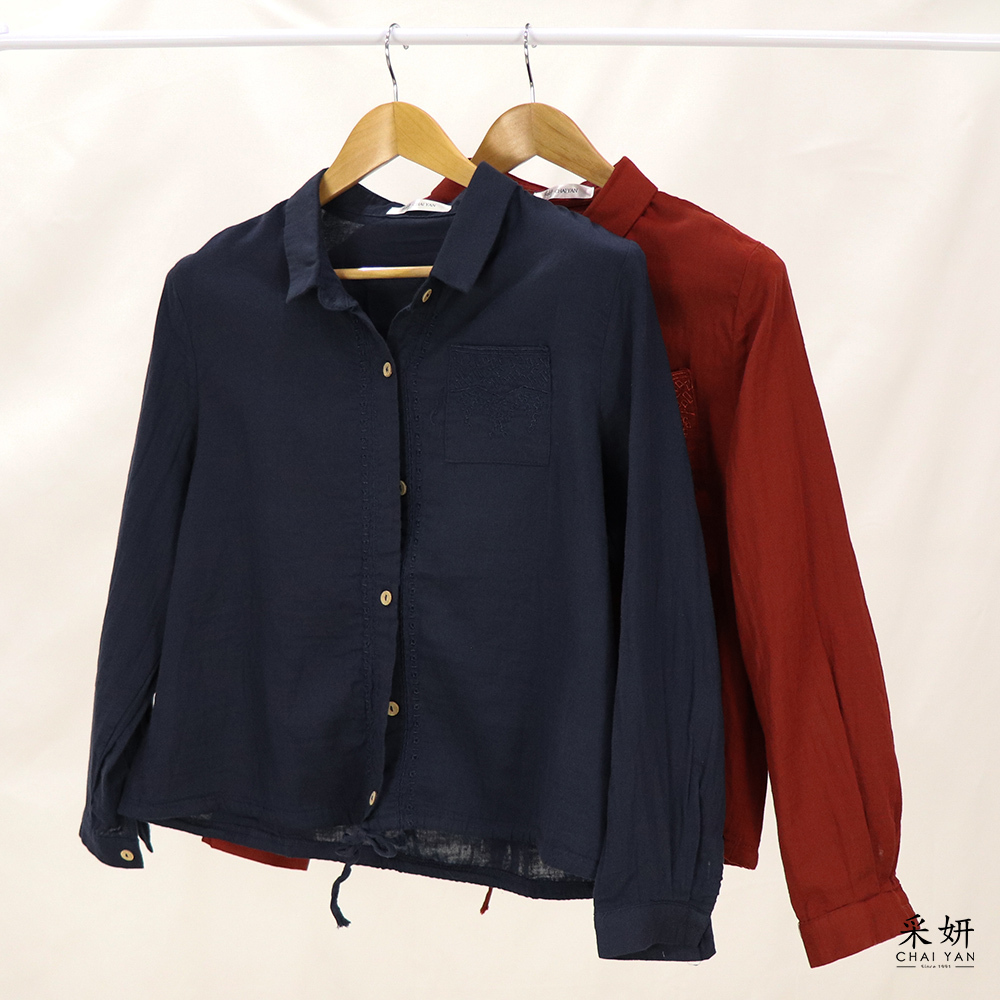 同色幾何亮絲刺繡襯衫長袖上衣