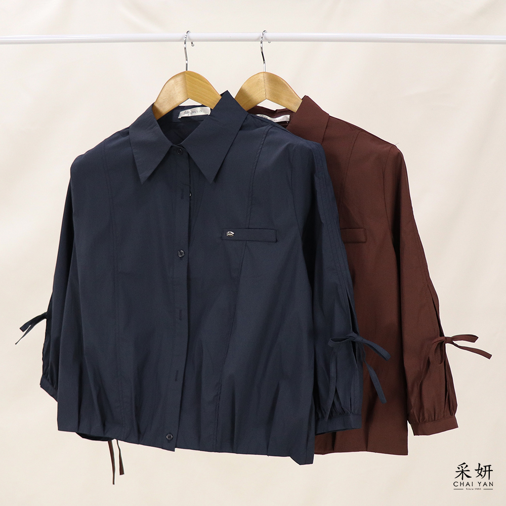 小綴飾袖側鏤空綁帶襯衫長袖上衣