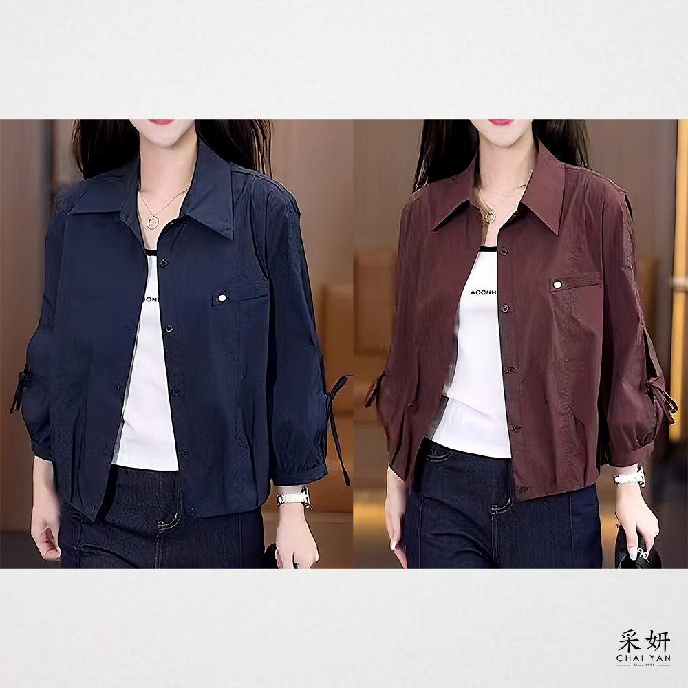 小綴飾袖側鏤空綁帶襯衫長袖上衣