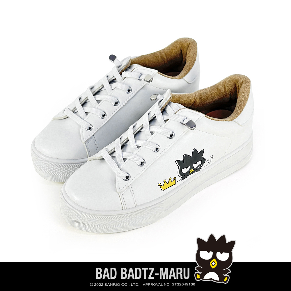 Paidal x Bad Badtz-maru 酷企鹅XO 小皇冠皮質免綁帶厚底休閒鞋不彎腰鞋-小白鞋