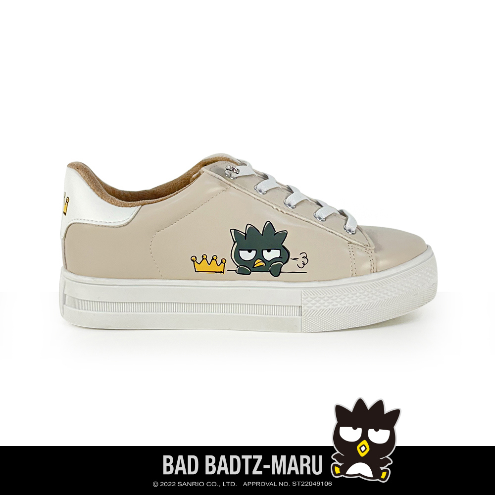 Paidal x Bad Badtz-maru 酷企鹅XO 小皇冠皮質免綁帶跳色厚底休閒鞋不彎腰鞋-奶茶