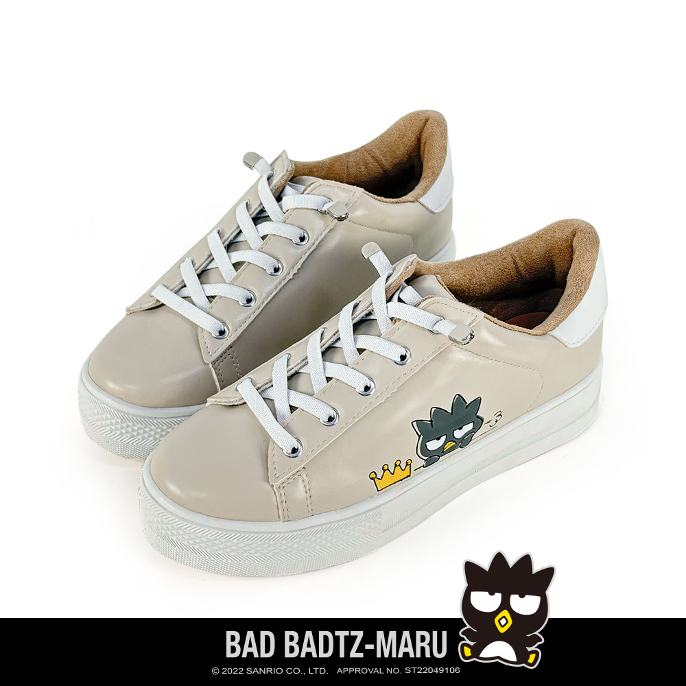 Paidal x Bad Badtz-maru 酷企鹅XO 小皇冠皮質免綁帶跳色厚底休閒鞋不彎腰鞋-奶茶