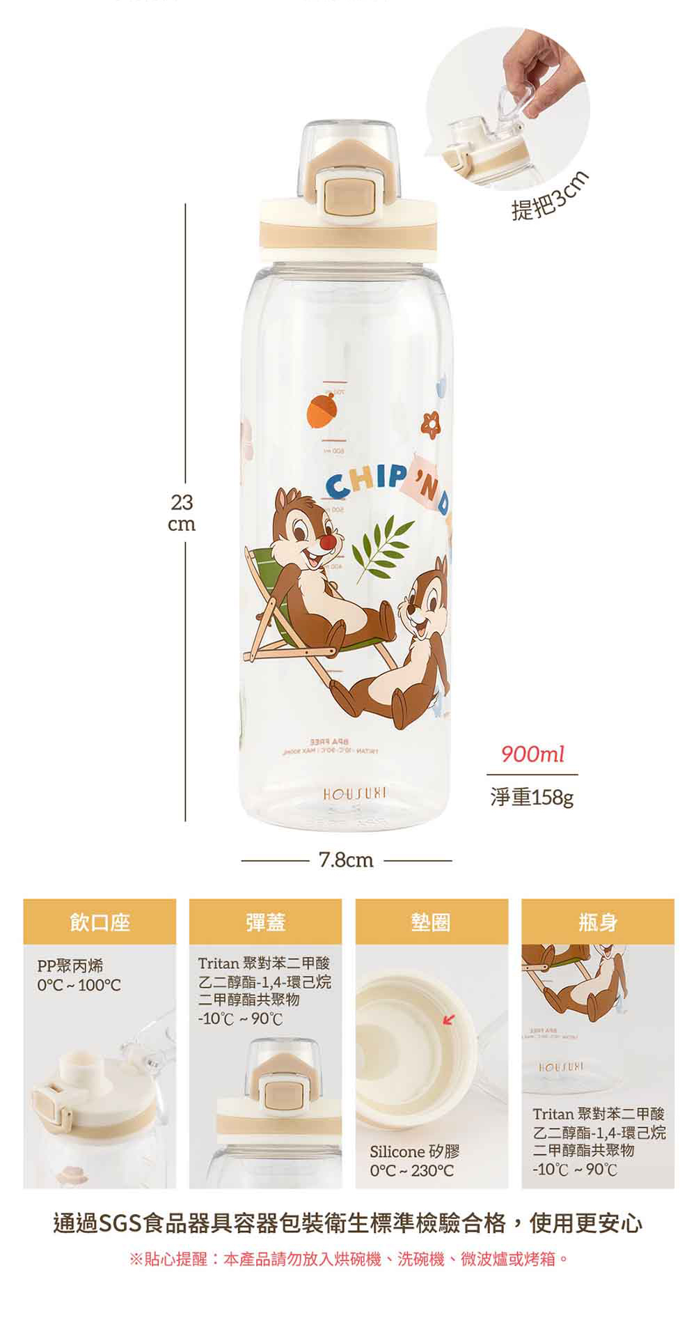 【HOUSUXI】迪士尼奇奇蒂蒂-Tritan彈蓋水瓶-900ml