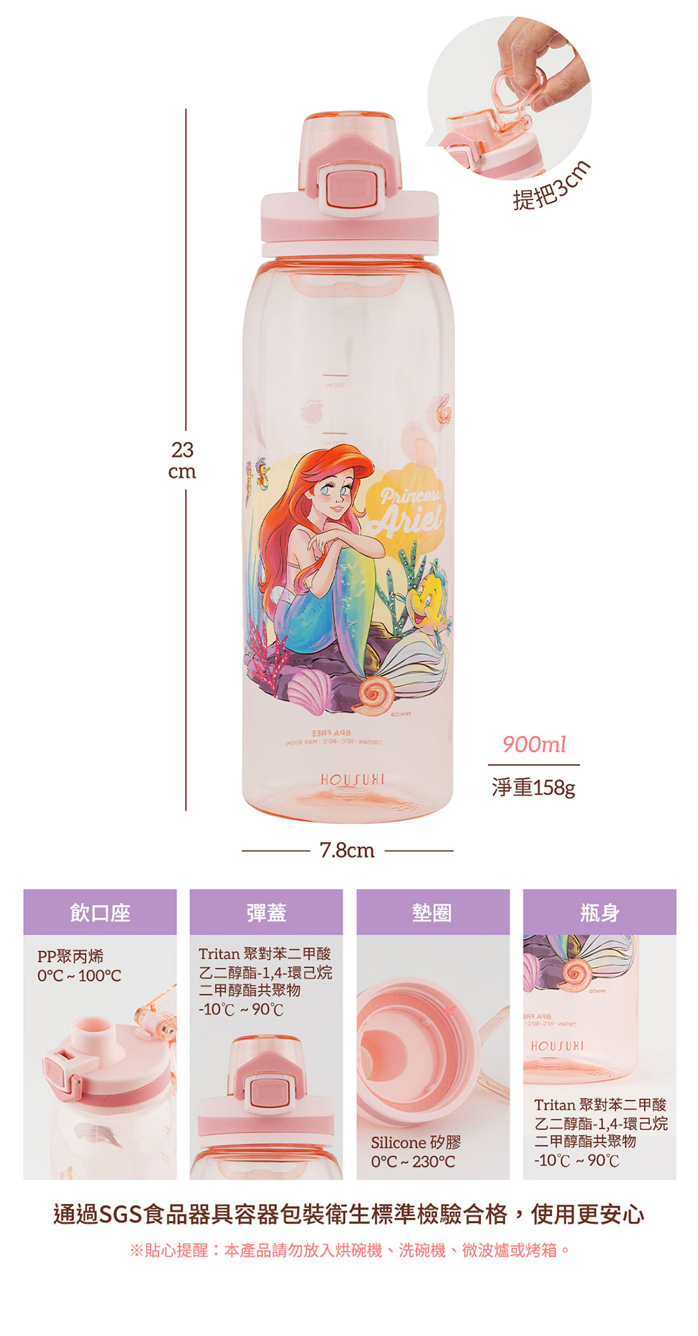 【HOUSUXI】迪士尼小美人魚-Tritan彈蓋水瓶-900ml