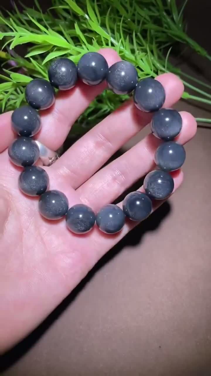 和田玉于田料墨玉銀沙貓眼手串 (15mm直徑),天然和田玉軟玉