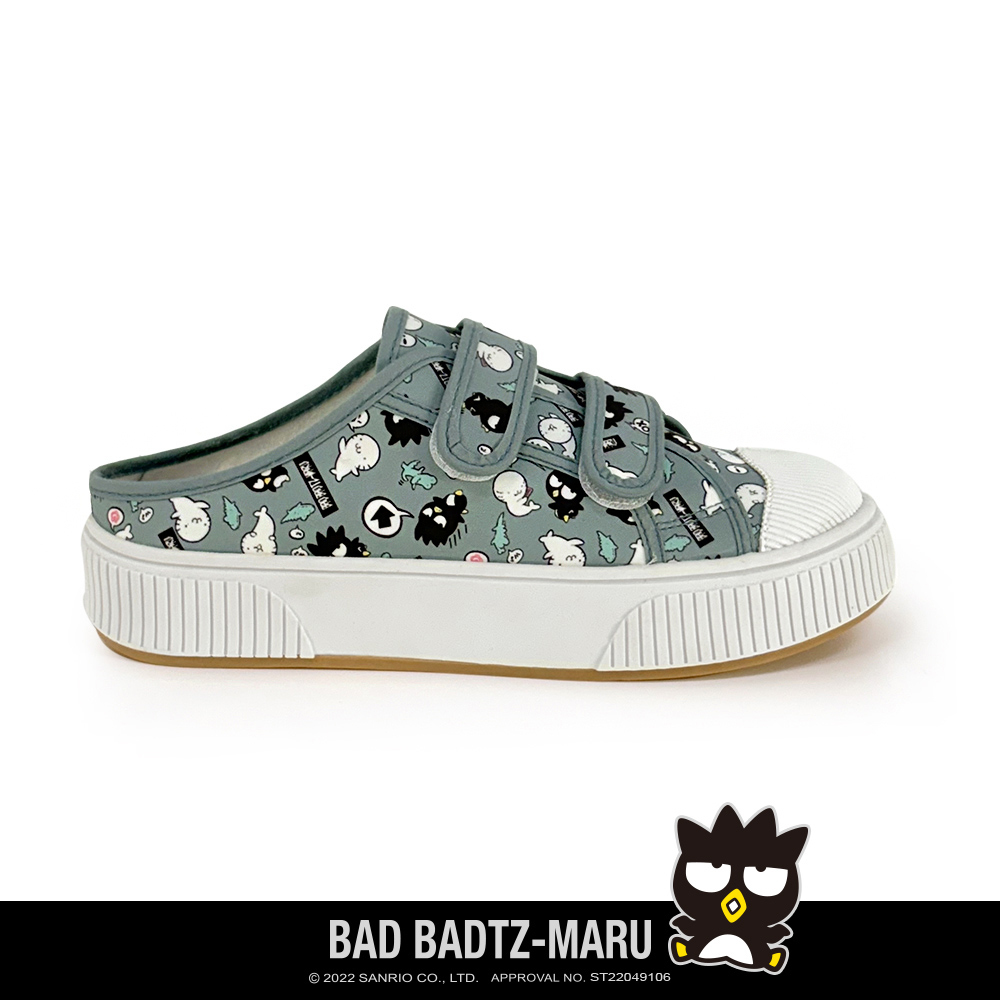 Paidal x Bad Badtz-maru 酷企鹅XO 與花丸滿版印刷魔鬼氈厚底休閒鞋穆勒鞋-灰藍