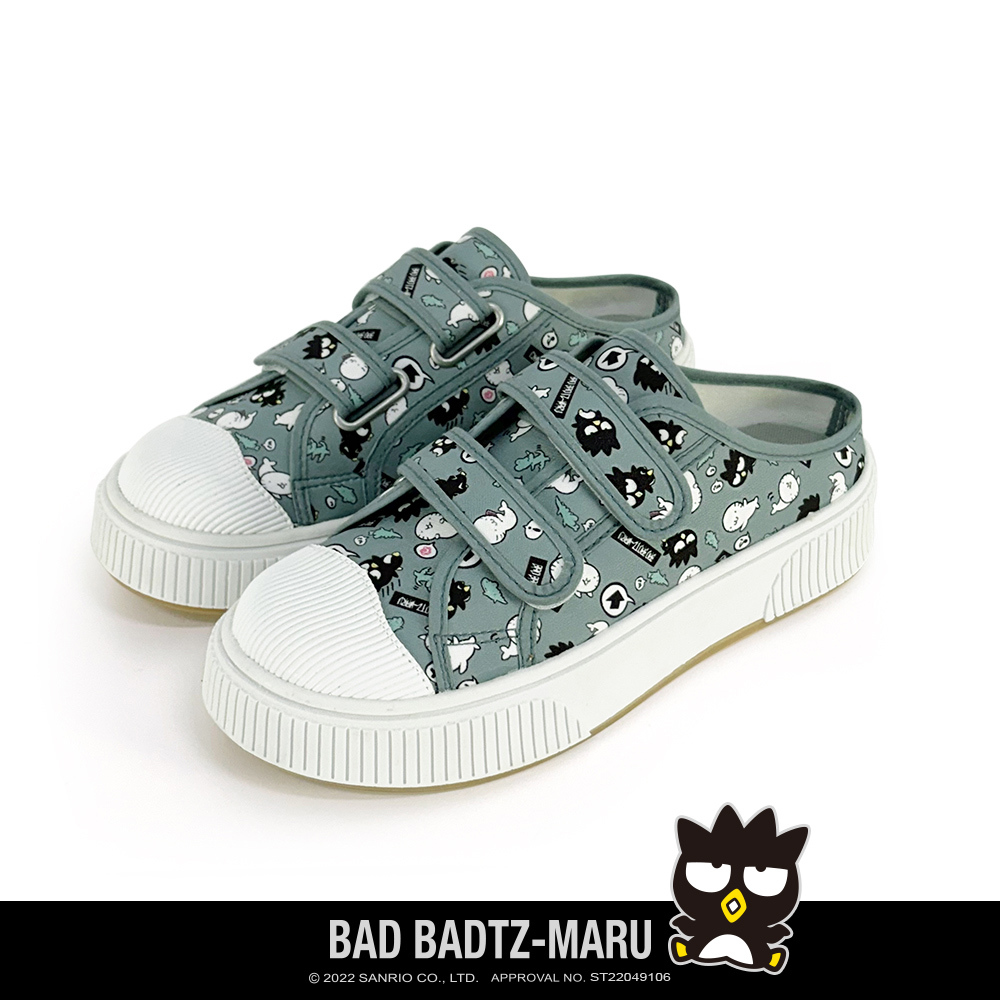 Paidal x Bad Badtz-maru 酷企鹅XO 與花丸滿版印刷魔鬼氈厚底休閒鞋穆勒鞋-灰藍