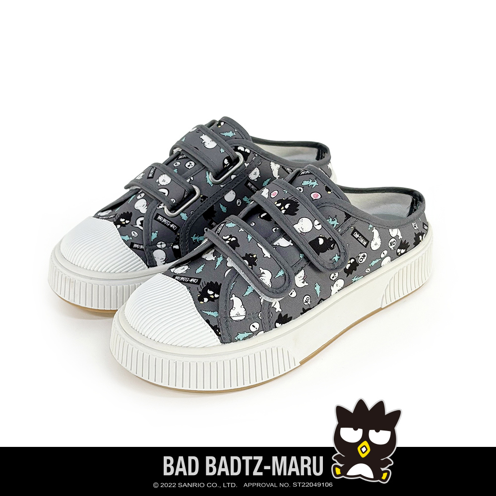 Paidal x Bad Badtz-maru 酷企鹅XO 與花丸滿版印刷魔鬼氈厚底休閒鞋穆勒鞋-深灰