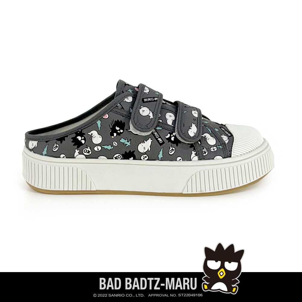 Paidal x Bad Badtz-maru 酷企鹅XO 與花丸滿版印刷魔鬼氈厚底休閒鞋穆勒鞋-深灰