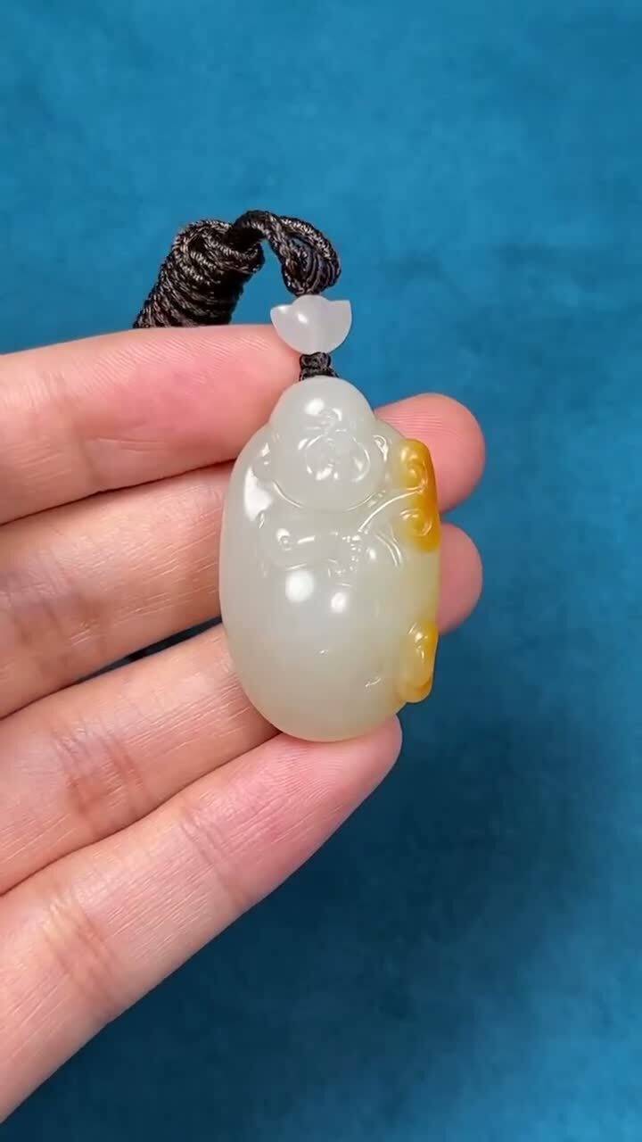 和田玉籽料黃皮彌勒佛,天然和田玉軟玉