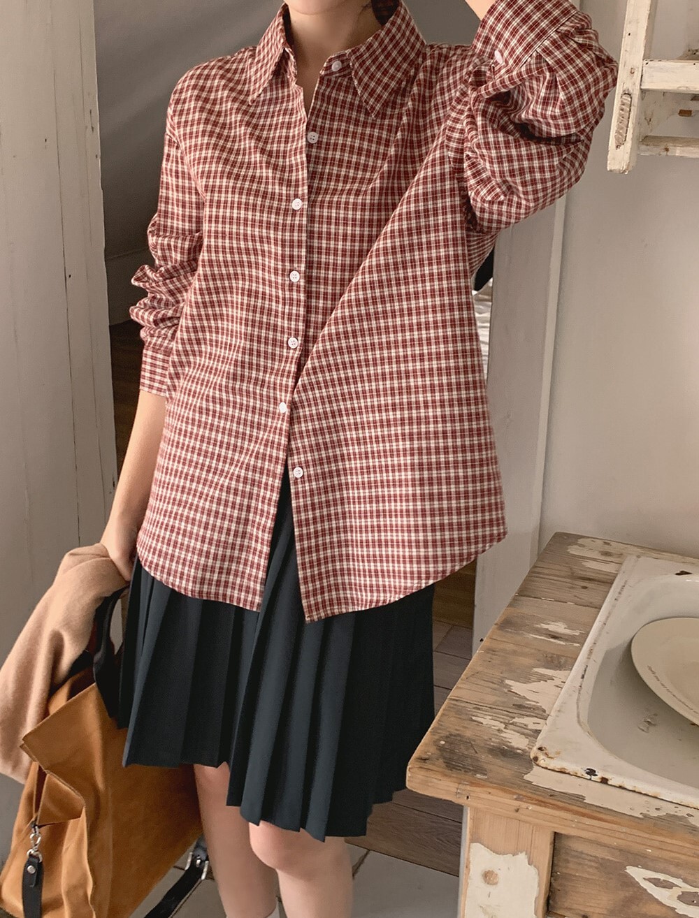 韓國grace muse授權 秋暮序曲紅棕格紋襯衫【made muse】系列