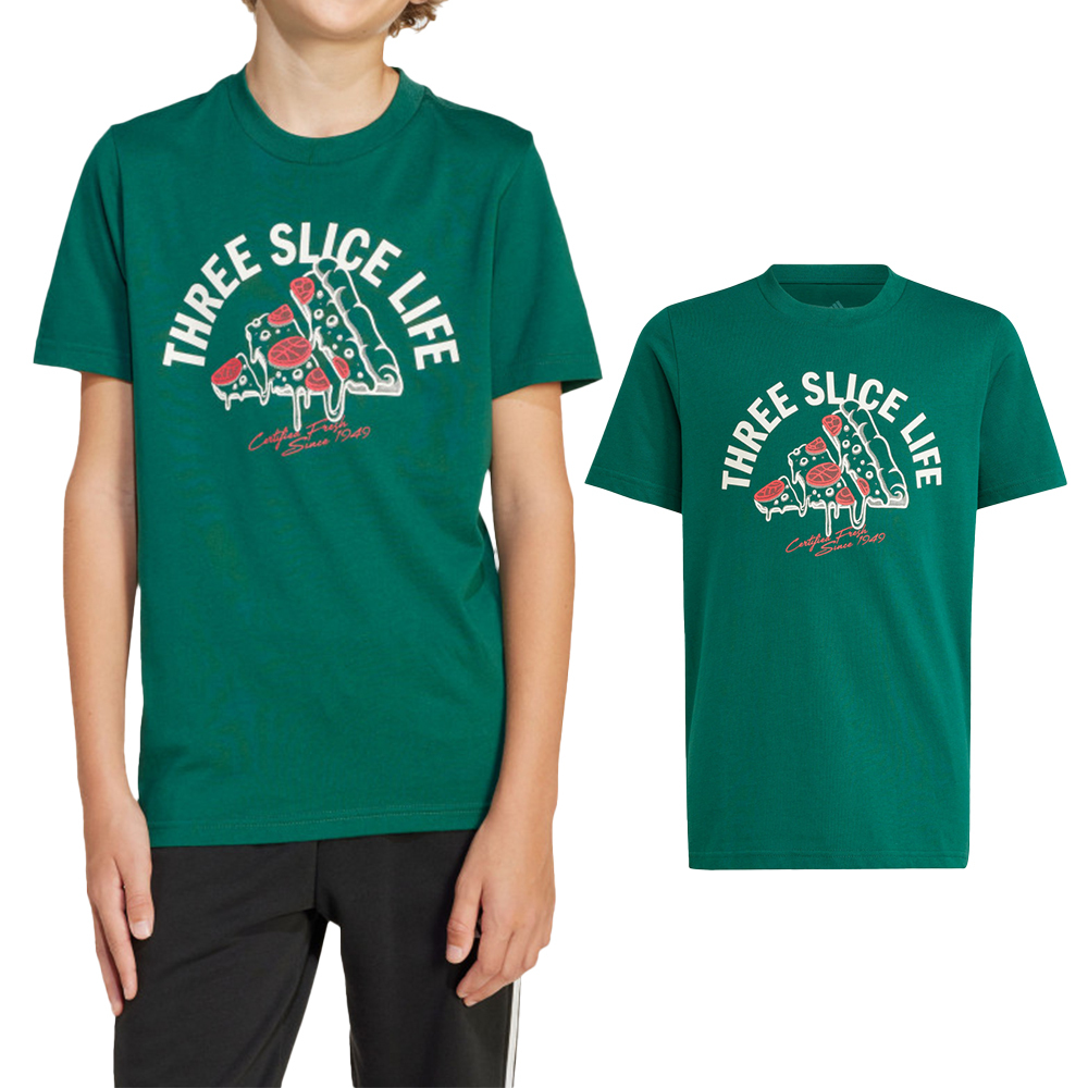 Adidas J L Pizza Tee 大童 童裝 綠色 印花 棉質 T恤 休閒 運動 短袖 JI6676