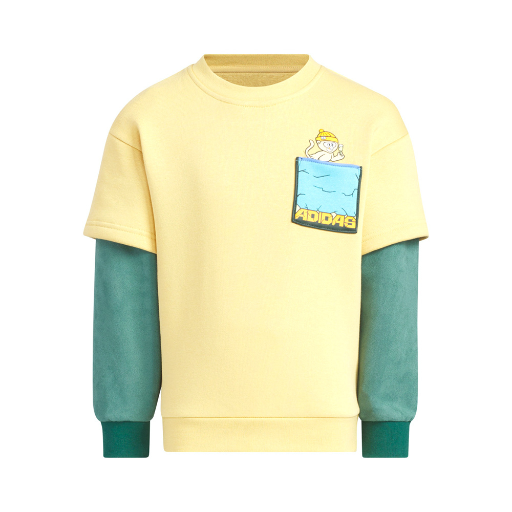 Adidas Lk Kn Crew 小童 童裝 黃綠色 印花 抓絨 撞色 休閒 運動 長袖 JJ4955