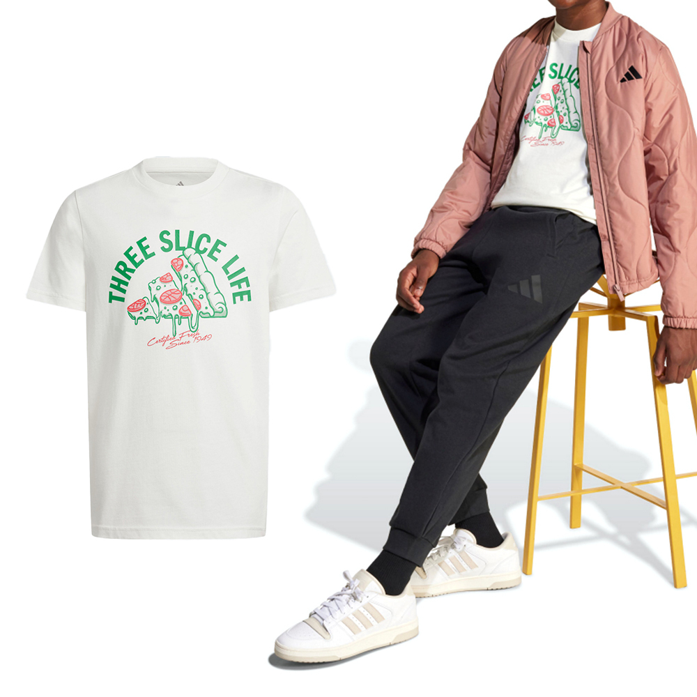 Adidas J L Pizza Tee 大童 童裝 米白色 印花 棉質 T恤 休閒 運動 短袖 JI6678
