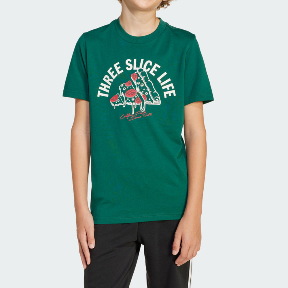Adidas J L Pizza Tee 大童 童裝 綠色 印花 棉質 T恤 休閒 運動 短袖 JI6676