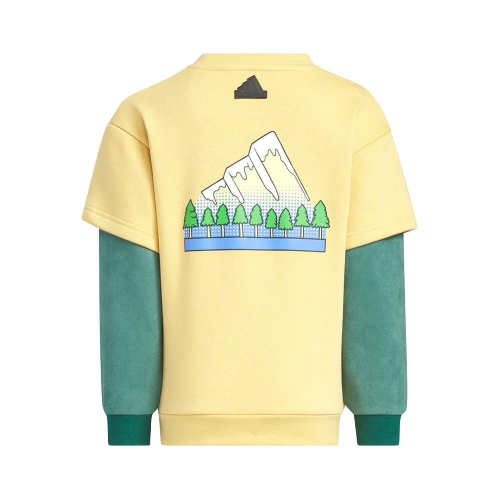 Adidas Lk Kn Crew 小童 童裝 黃綠色 印花 抓絨 撞色 休閒 運動 長袖 JJ4955