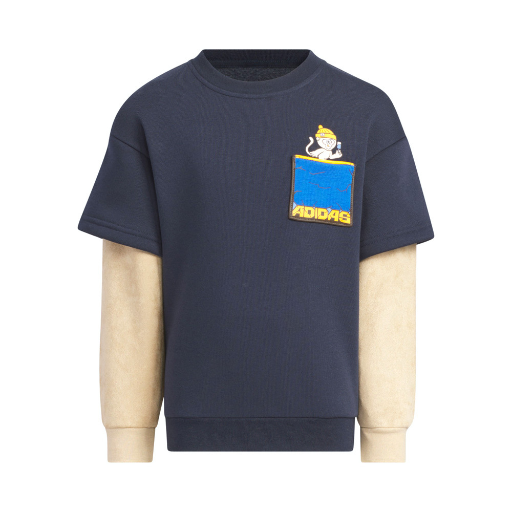 Adidas Lk Kn Crew 小童 童裝 藍黃色 印花 抓絨 撞色 休閒 運動 長袖 JJ4956