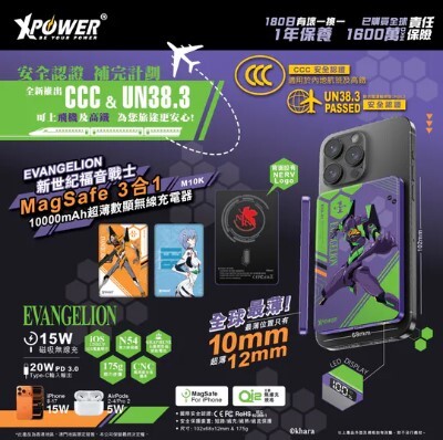 （2026新年限時優惠）(3C認證版)XPower x EVA新世紀福音戰士 3合1 10000mAh超薄數顯無線充電器(M10K)