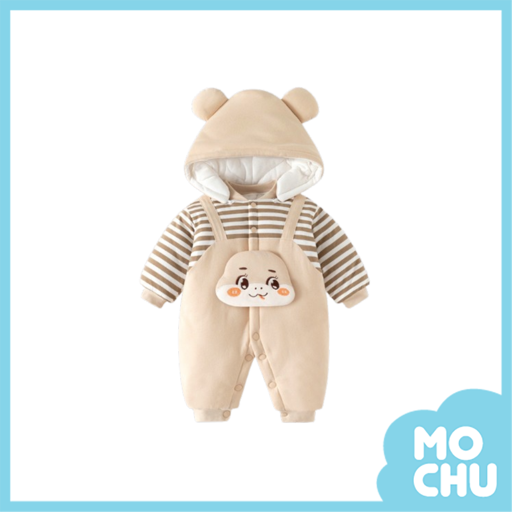 咖色條紋蛇加棉加厚連身衣(帽可拆)