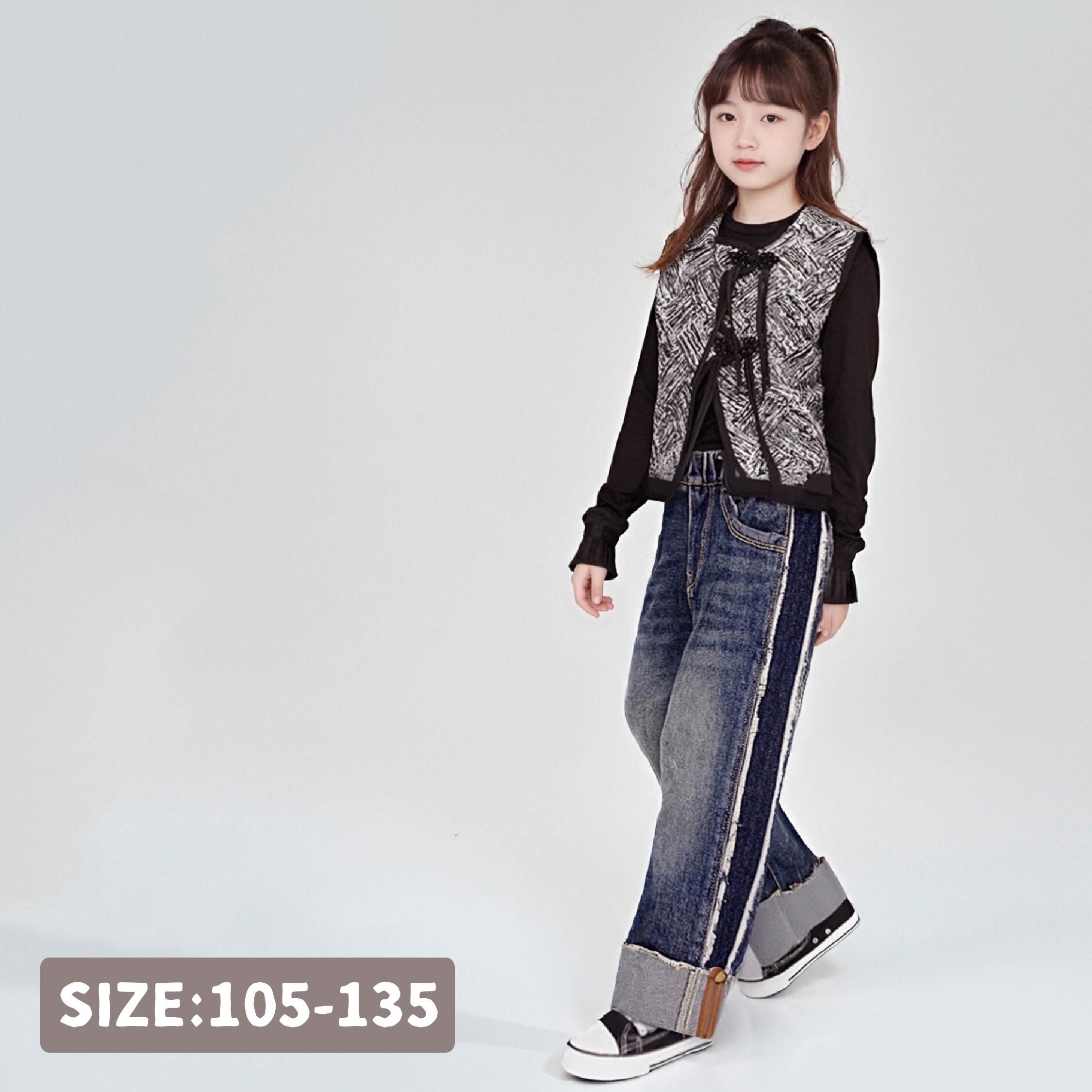 【H55048】個性側抽鬚反褶設計牛仔褲