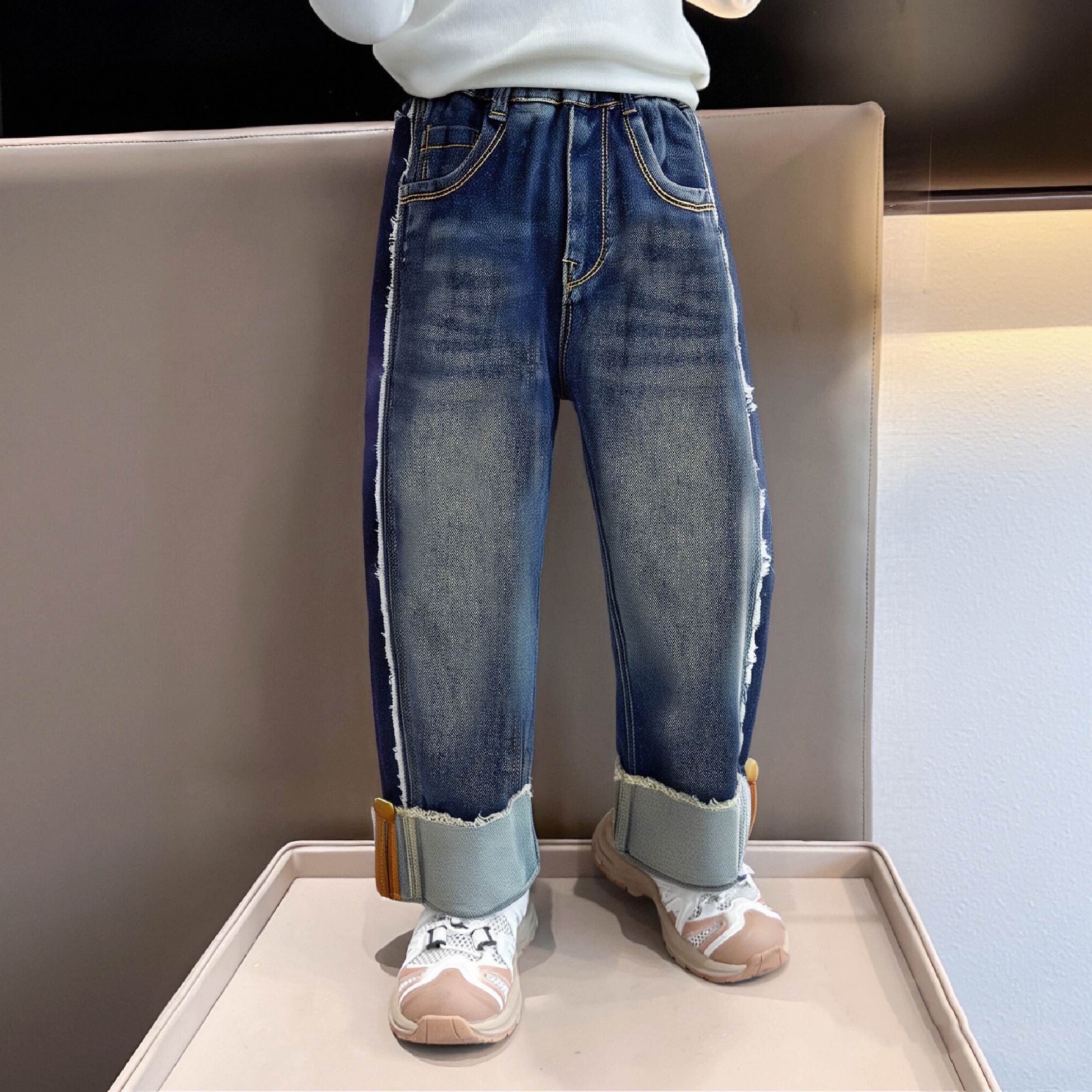 【H55048】個性側抽鬚反褶設計牛仔褲