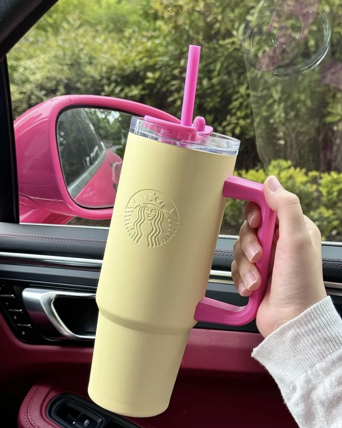 海外限定 Starbucks 星巴克 多巴胺撞色大容量 不鏽鋼吸管杯 把手冰壩杯 黃粉色 900ml